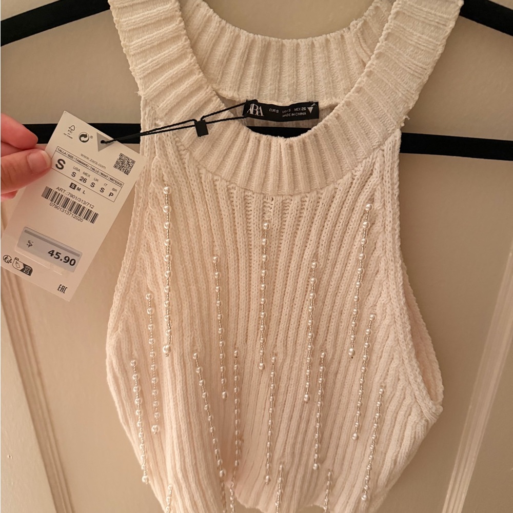 Zara Cream Beaded Ribbed Tank Top